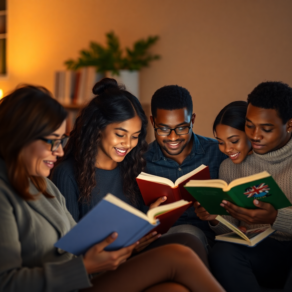 diverse group of people reading books together in a warm, supportive community setting with soft lighting